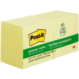 3M 654-RP Yellow Recycled Post-It Greener Notes 76 x 76mm 100 Sheets Per Pad Pack 12