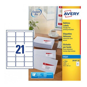 Avery 936032 J8160 21Up White Inkjet Quick Peel Address Labels with Sure Feed 63.5 x 38.1mm Pack 25