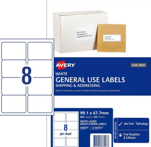Avery 938207 L7165GU 8Up White Laser Inkjet General Use Labels 99.1 x 67.7mm Pack 100