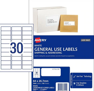Avery 938211 L7158GU 30Up White Laser Inkjet General Use Labels 64 x 26.7mm Pack 100