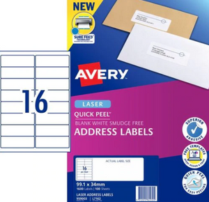 Avery 959003 L7162 16Up White Laser Quick Peel Address Labels with Sure Feed 99.1 x 34mm Pack 100