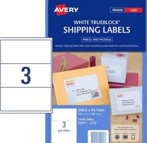 Avery 959013 L7155 3Up White Laser Shipping Labels With Trueblock 200.7 x 93.1mm Pack 100