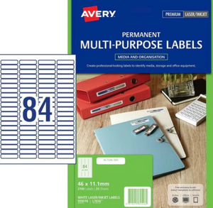 Avery 959018 L7656 84Up White Laser Permanent Multi-purpose Labels 46 x 11.11mm Pack 25