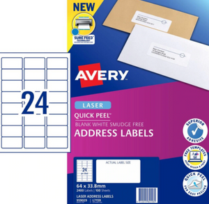 Avery 959029 L7159 24Up White Laser Quick Peel Address Labels with Sure Feed 64 x 33.8mm Pack 100