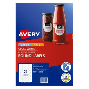 Avery 980052 L7147 40mm Glossy Round White Laser, Inkjet, Permanent 240 Labels Pack 10