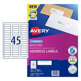 Avery 959061 L7156 45Up White Laser Quick Peel Address Labels with Sure Feed 58 x 17.8mm Pack 100